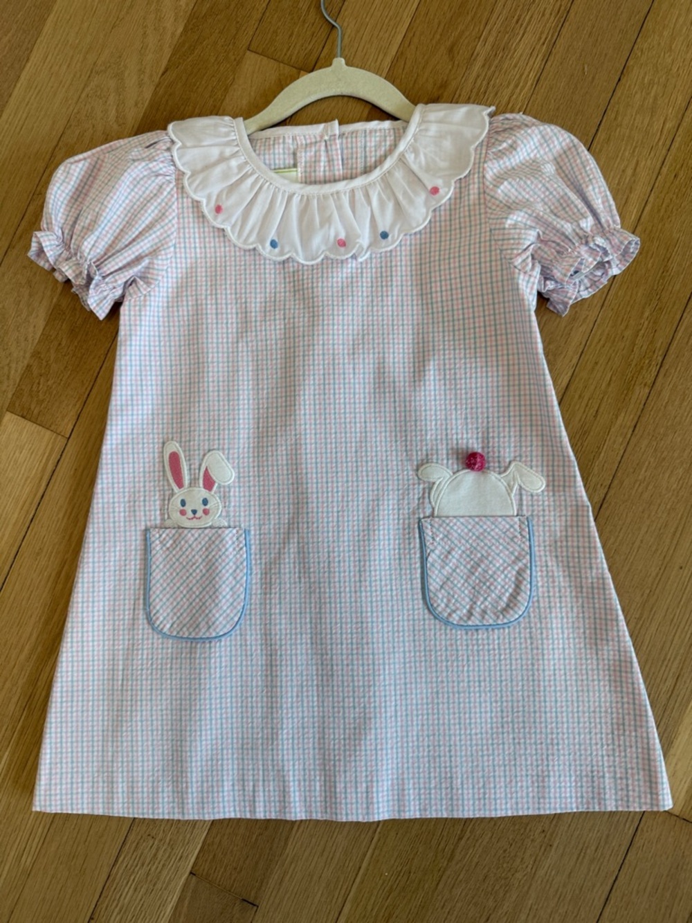 Girls Pink Gingham Bunny Pocket Dress